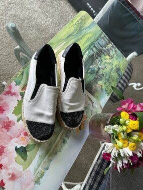 Kendall & Kylie Cream Canvas Espadrilles with Black Beaded Toe